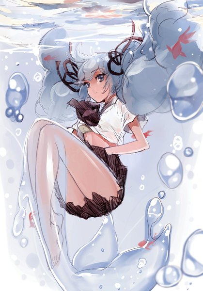 Anime picture 1000x1433 with vocaloid hatsune miku bottle miku dino single long hair tall image looking at viewer blue eyes twintails blue hair barefoot underwater liquid hair girl ribbon (ribbons) hair ribbon serafuku bubble (bubbles) fish (fishes)