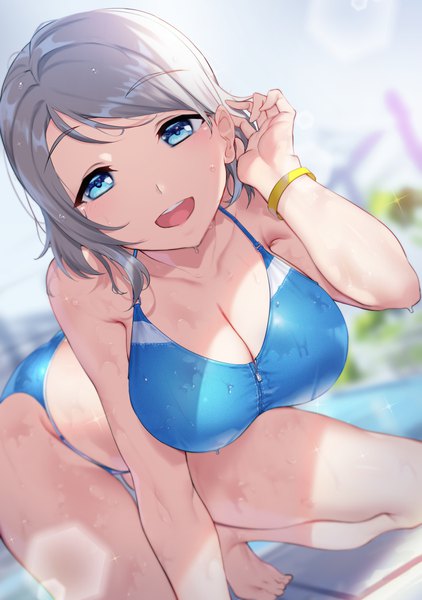 Anime picture 2935x4175 with love live! sunshine!! sunrise (studio) love live! watanabe you yamaori (yamaorimon) single tall image looking at viewer blush fringe highres short hair breasts open mouth blue eyes light erotic smile large breasts sky cleavage