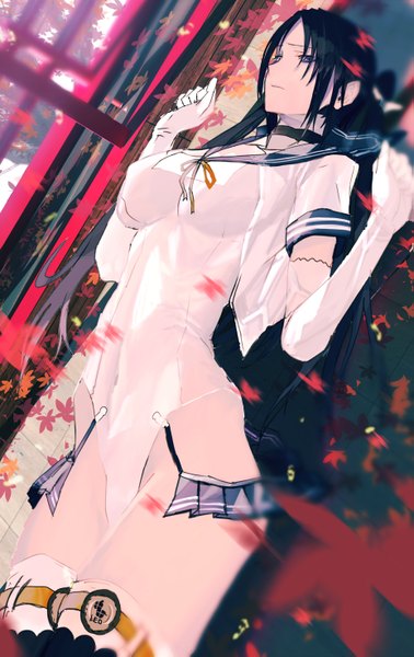 Anime picture 927x1469 with original tazuma (u283) single long hair tall image light erotic black hair standing looking away ponytail multicolored hair heterochromia side ponytail girl thighhighs gloves swimsuit elbow gloves white gloves leaf (leaves)