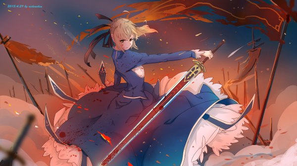 Anime picture 4823x2713 with fate (series) fate/stay night type-moon artoria pendragon (all) saber xi chen chen single long hair looking at viewer fringe highres blue eyes blonde hair wide image holding signed absurdres ponytail wind smoke