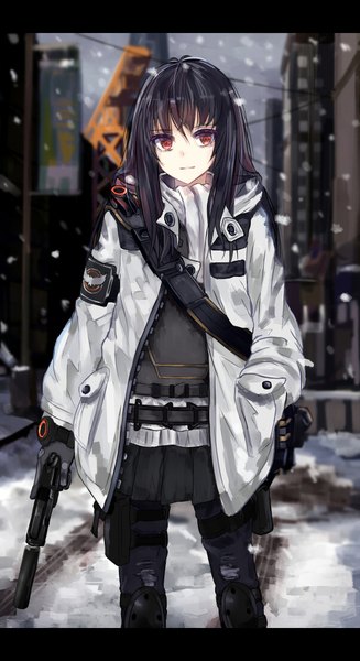 Anime picture 600x1100 with tom clancy's the division original ole1942 single long hair tall image fringe black hair hair between eyes red eyes standing payot looking away sky ahoge outdoors pleated skirt light smile blurry open jacket