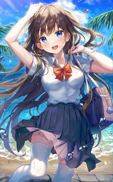 Anime picture 1858x3000 with original aibek single long hair tall image looking at viewer blush fringe highres breasts open mouth blue eyes smile brown hair standing sky cloud (clouds) outdoors head tilt :d