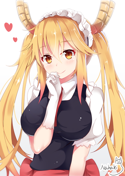 Anime picture 1300x1820 with kobayashi-san chi no maidragon kyoto animation tooru (maidragon) nahaki single long hair tall image looking at viewer blush fringe breasts light erotic simple background blonde hair smile hair between eyes large breasts white background twintails signed