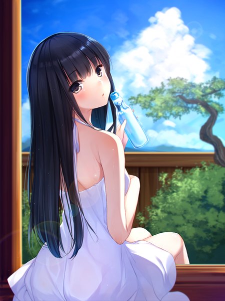 Anime picture 735x980 with original itou nanami single long hair tall image blush black hair sky cloud (clouds) looking back black eyes girl plant (plants) tree (trees) sundress water bottle