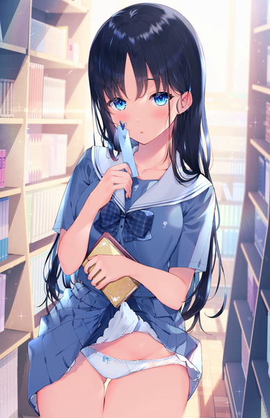 Anime picture 1218x1881 with original kat (bu-kunn) single long hair tall image looking at viewer blush fringe open mouth blue eyes light erotic black hair standing holding indoors pleated skirt :o shadow short sleeves thigh gap