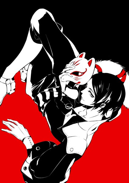 Anime picture 566x800 with persona 5 persona kitagawa yuusuke zmore single tall image short hair profile from above arm support crossed legs reclining polychromatic high contrast boy gloves mask fox mask