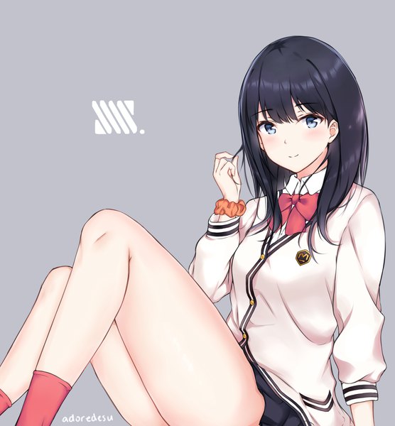 Anime picture 1454x1569 with gridman universe ssss.gridman studio trigger takarada rikka adore (adoredesu) single long hair tall image looking at viewer blush fringe blue eyes black hair simple background smile sitting signed bent knee (knees) blunt bangs pleated skirt