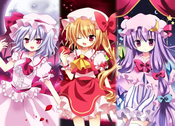 Anime picture 1281x921 with touhou flandre scarlet remilia scarlet patchouli knowledge mayo (miyusa) long hair blush short hair blonde hair red eyes multiple girls blue hair purple hair one eye closed wink teeth fang (fangs) one side up bat wings girl