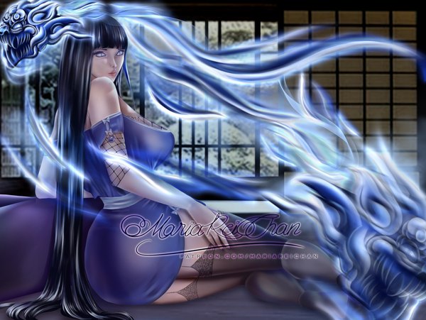 Anime picture 4624x3477 with naruto studio pierrot naruto (series) hyuuga hinata mariareg5 single long hair looking at viewer fringe highres breasts light erotic black hair large breasts sitting bare shoulders signed absurdres indoors blunt bangs