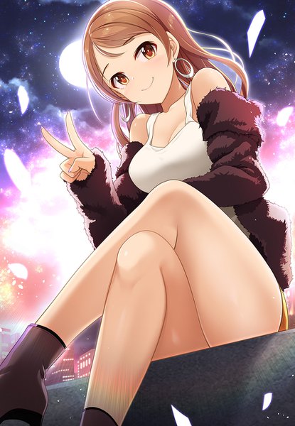 Anime picture 900x1300 with idolmaster idolmaster cinderella girls houjou karen kazu single long hair tall image looking at viewer blush fringe breasts light erotic smile brown hair large breasts sitting bare shoulders brown eyes payot cleavage