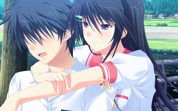 Anime picture 1280x800 with zutto tsukushite ageru no! owari mio long hair blush short hair black hair wide image purple eyes game cg hug girl boy uniform school uniform