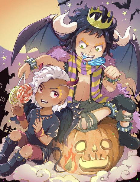 Anime picture 1030x1335 with one piece toei animation kaidou (one piece) king (one piece) 0aoiurn0 tall image short hair black hair red eyes sitting green eyes full body white hair horn (horns) multiple boys tattoo dark skin halloween eating black wings