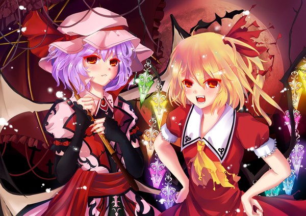 Anime picture 2000x1414 with touhou flandre scarlet remilia scarlet pandako looking at viewer blush highres short hair open mouth blonde hair red eyes multiple girls purple hair teeth fang (fangs) red moon girl dress 2 girls wings
