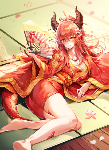 Anime picture 1600x2205 with original zerocat single long hair tall image looking at viewer blush fringe breasts smile hair between eyes red eyes large breasts holding yellow eyes bent knee (knees) red hair indoors tail lying