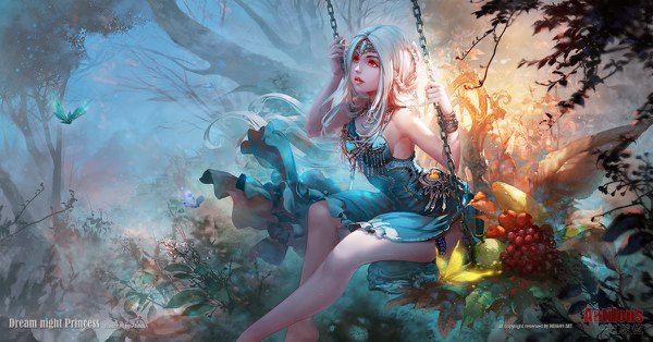Anime picture 1200x628 with original antilous (anti) single long hair red eyes wide image sitting holding looking away white hair parted lips lips fantasy fog girl dress plant (plants) tree (trees) necktie bracelet