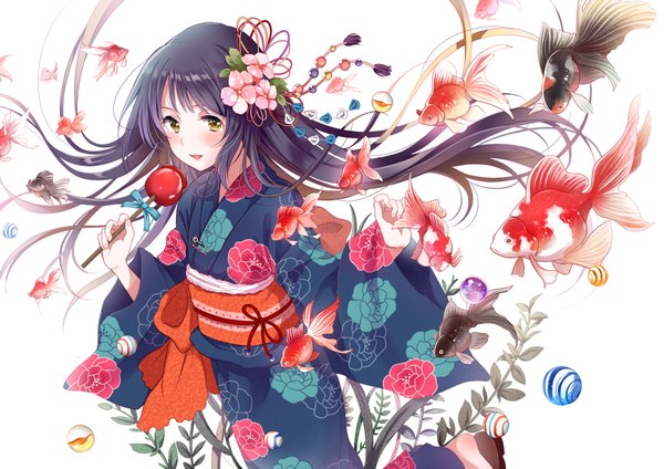 Anime picture 876x620 with original yatomi single long hair looking at viewer blush open mouth black hair smile yellow eyes traditional clothes japanese clothes hair flower girl hair ornament flower (flowers) animal food kimono fruit
