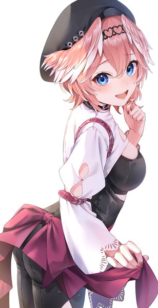Anime picture 1720x3347 with virtual youtuber hololive takane lui ranrin1007 single tall image looking at viewer blush fringe highres short hair open mouth blue eyes light erotic simple background smile hair between eyes standing white background pink hair