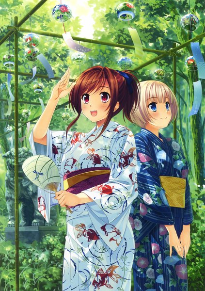 Anime picture 2329x3300 with original eshi 100-nin ten yamakaze ran long hair tall image blush highres short hair open mouth blue eyes smile brown hair purple eyes multiple girls looking away ponytail traditional clothes japanese clothes grey hair scan