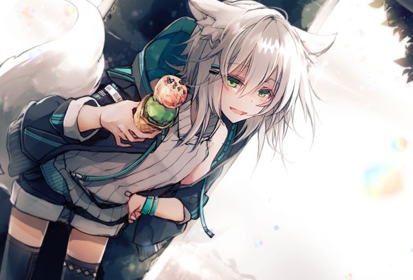Anime picture 1300x880 with original numikko single looking at viewer blush fringe short hair open mouth smile hair between eyes standing holding green eyes animal ears white hair tail :d animal tail open jacket leaning