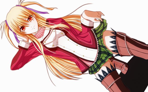 Anime picture 2560x1600 with eiyuu densetsu falcom (studio) alisa reinford tappa (esperanza) single long hair looking at viewer highres blonde hair red eyes white background light smile girl skirt ribbon (ribbons) hair ribbon boots thigh boots
