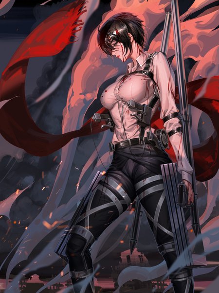 Anime picture 3000x4000 with shingeki no kyojin production i.g mikasa ackerman liang xing single tall image fringe highres short hair breasts black hair hair between eyes large breasts standing outdoors long sleeves black eyes looking down smoke expressionless