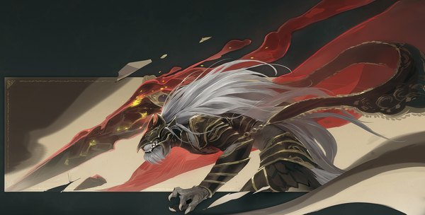 Anime picture 2959x1500 with elden ring maliketh the black blade xvimonster single long hair highres wide image white hair teeth floating hair bent over sharp teeth boy armor vambraces furry
