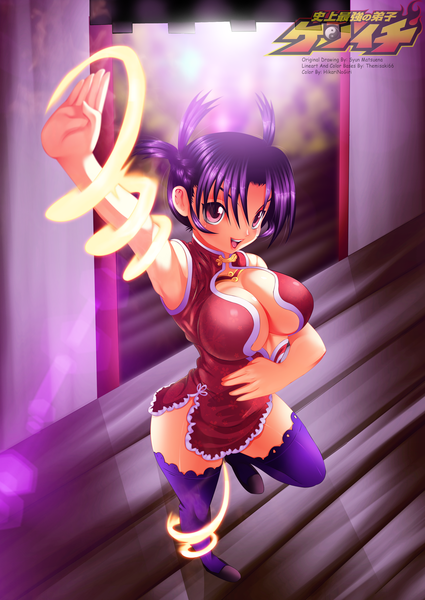 Anime picture 2000x2824 with history's strongest disciple kenichi ma renka hikarinogiri single tall image highres short hair breasts light erotic large breasts twintails purple hair pink eyes from above sunlight inscription armpit (armpits) lipstick coloring magic