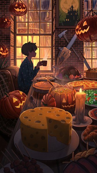 Anime picture 2160x3840 with original pasoputi single tall image highres short hair black hair sitting looking away indoors profile halloween steam brick wall boy weapon food window knife candle (candles)