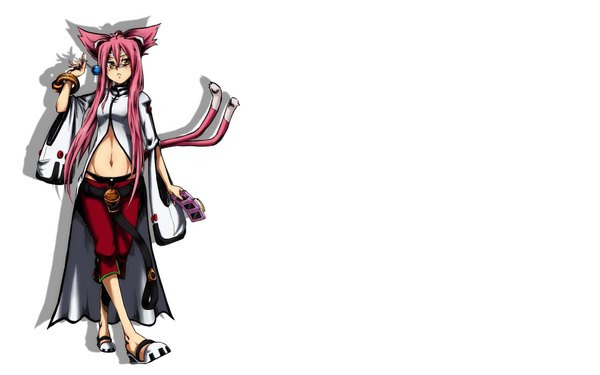 Anime picture 1920x1200 with blazblue kokonoe single long hair highres simple background wide image standing white background brown eyes animal ears pink hair animal tail shadow cat girl cat tail girl navel glasses shoes