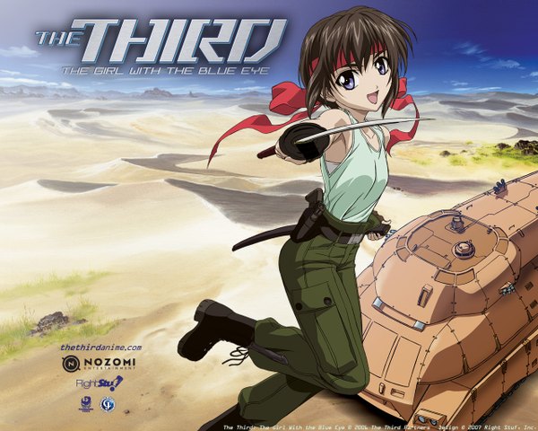 Anime picture 1280x1024 with the third honoka single fringe short hair breasts open mouth black hair purple eyes sky bent knee (knees) from above armpit (armpits) copyright name outstretched arm horizon mountain military desert girl