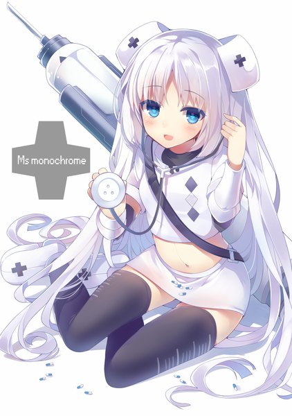 Anime picture 850x1207 with miss monochrome miss monochrome (character) mishima kurone single long hair tall image looking at viewer blush open mouth blue eyes white hair zettai ryouiki copyright name nurse girl thighhighs navel black thighhighs miniskirt nurse cap