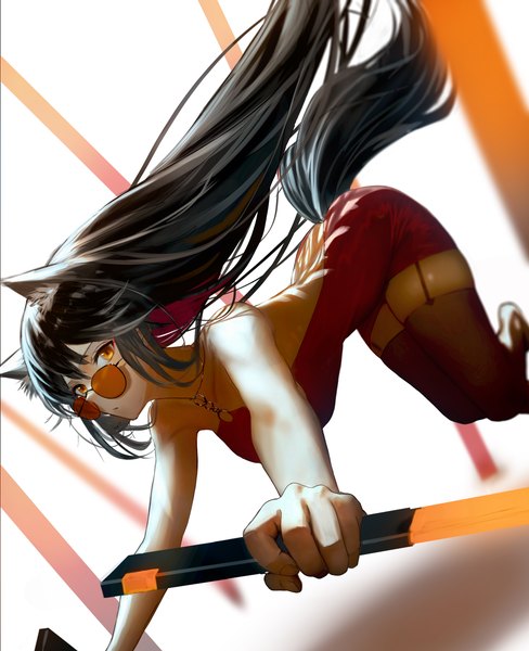 Anime picture 5694x7000 with arknights texas (arknights) ganet p single long hair tall image looking at viewer fringe highres black hair hair between eyes bare shoulders holding animal ears yellow eyes absurdres tail animal tail blurry alternate costume