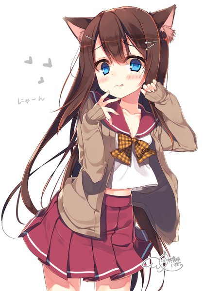 Anime picture 1096x1564 with original hisakahazara (hijojo) single long hair tall image looking at viewer blush fringe blue eyes hair between eyes brown hair standing signed animal ears pleated skirt cat ears cat girl hieroglyph sleeves past wrists :p