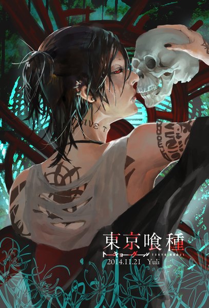 Anime picture 1235x1819 with tokyo ghoul studio pierrot uta (tokyo kushu) hanare single tall image black hair red eyes holding lips from behind armpit (armpits) tattoo piercing torn clothes back black sclera lip piercing boy skull