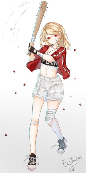 Anime picture 500x1000 with original whiskas single long hair tall image simple background blonde hair red eyes white background signed full body bent knee (knees) midriff clothes writing bandaid on face bandaid on leg bandaid on knee girl gloves shoes