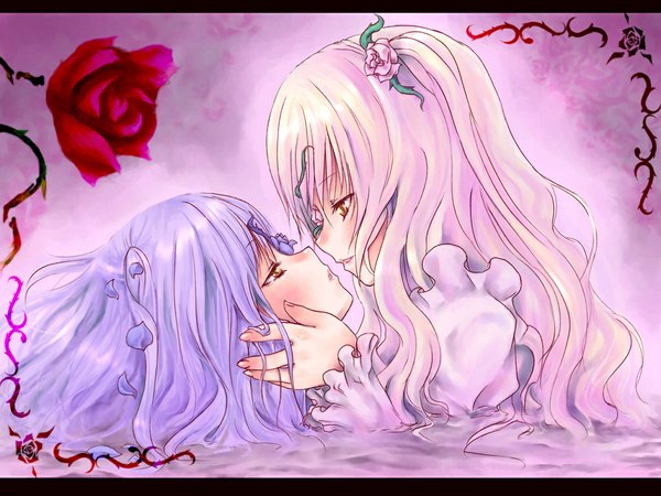 Anime picture 1024x768 with rozen maiden kirakishou barasuishou holding yellow eyes flower (flowers) rose (roses) red rose