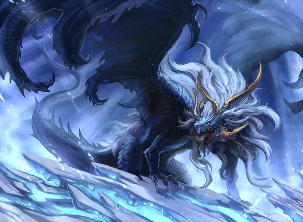 Anime picture 1500x1100 with original pixiv fantasia softsteppo open mouth tail horn (horns) teeth snow no people fantasy sharp teeth wings dragon claws ice scales