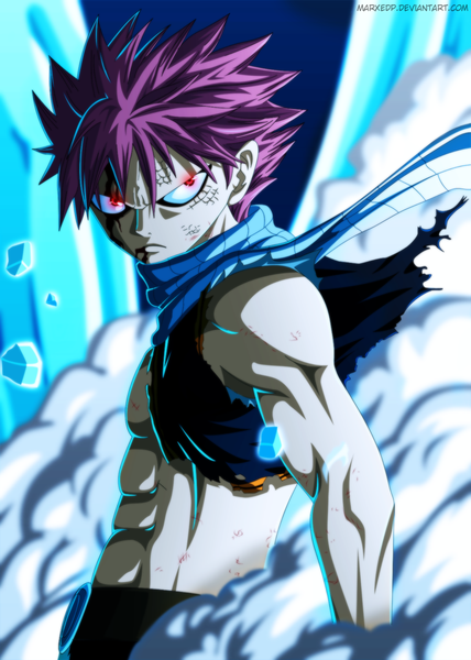 Anime picture 1070x1500 with fairy tail natsu dragneel marxedp single tall image short hair red eyes pink hair sleeveless coloring torn clothes smoke muscle angry boy scarf blood debris