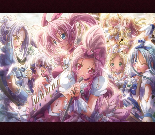 Anime picture 1600x1400 with precure suite precure heartcatch precure! toei animation seiren (suite precure) cure melody cure rhythm cure sunshine cure blossom cure beat cure marine cure moonlight mysterious precure (suite precure) inoshishi (ikatomo) long hair blush open mouth blue eyes blonde hair red eyes