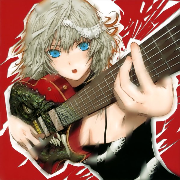 Anime picture 2557x2568 with touhou izayoi sakuya fuyuno haruaki highres short hair blue eyes grey hair girl guitar