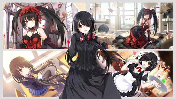 Anime picture 1920x1080 with date a live tokisaki kurumi tsunako kikivi akabane zerii (cdcdqqq) niel long hair looking at viewer blush fringe highres breasts open mouth black hair smile red eyes wide image standing sitting