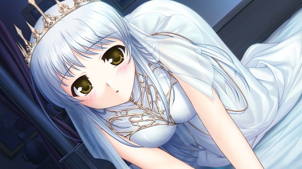 Anime picture 1280x720 with aiyoku no eustia saint irene long hair blush wide image yellow eyes game cg white hair girl dress