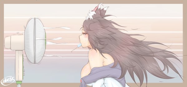 Anime-Bild 4096x1918 mit touhou imaizumi kagerou cube85 single long hair blush highres breasts light erotic simple background red eyes brown hair wide image large breasts bare shoulders holding signed animal ears looking away profile