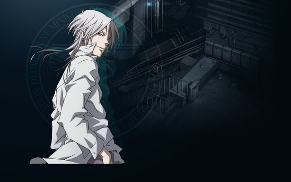 Anime picture 1600x1000 with psycho-pass production i.g shougo makishima single long hair wide image silver hair light smile wallpaper dark background silver eyes hands in pockets boy shirt