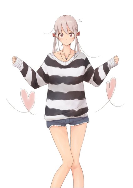 Anime picture 1254x1771 with original rutchifu single long hair tall image looking at viewer blush fringe simple background standing white background twintails pink hair bent knee (knees) pink eyes bare legs striped girl bow hair bow