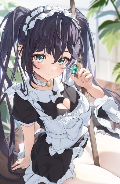 Anime picture 2617x4000 with genshin impact mona megistus houkisei single long hair tall image looking at viewer blush fringe highres breasts light erotic black hair hair between eyes sitting twintails payot indoors head tilt aqua eyes