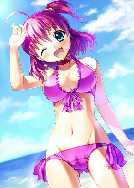 Anime picture 714x1000 with original bucchake (asami) single tall image blush short hair breasts open mouth blue eyes light erotic sky purple hair cloud (clouds) ahoge one eye closed wink girl navel swimsuit bikini