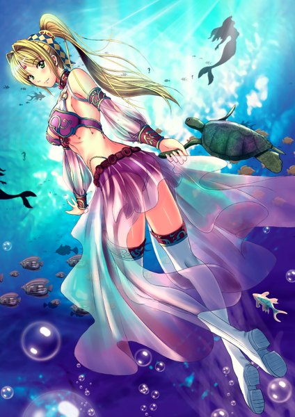 Anime picture 2480x3507 with original soyokaze single long hair tall image looking at viewer highres light erotic blonde hair smile bare shoulders green eyes ass ponytail sunlight spread arms underwater monster girl girl thighhighs