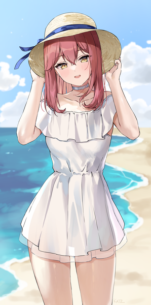 Anime picture 2678x5387 with original liliya (kaetzchen) kaetzchen single long hair tall image looking at viewer blush fringe highres open mouth smile hair between eyes standing yellow eyes sky cloud (clouds) outdoors red hair head tilt