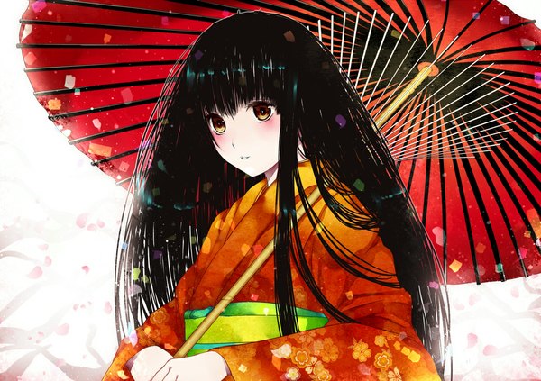 Anime picture 1100x777 with original modern afro single long hair blush black hair brown eyes japanese clothes looking down girl petals kimono umbrella obi yukata oriental umbrella